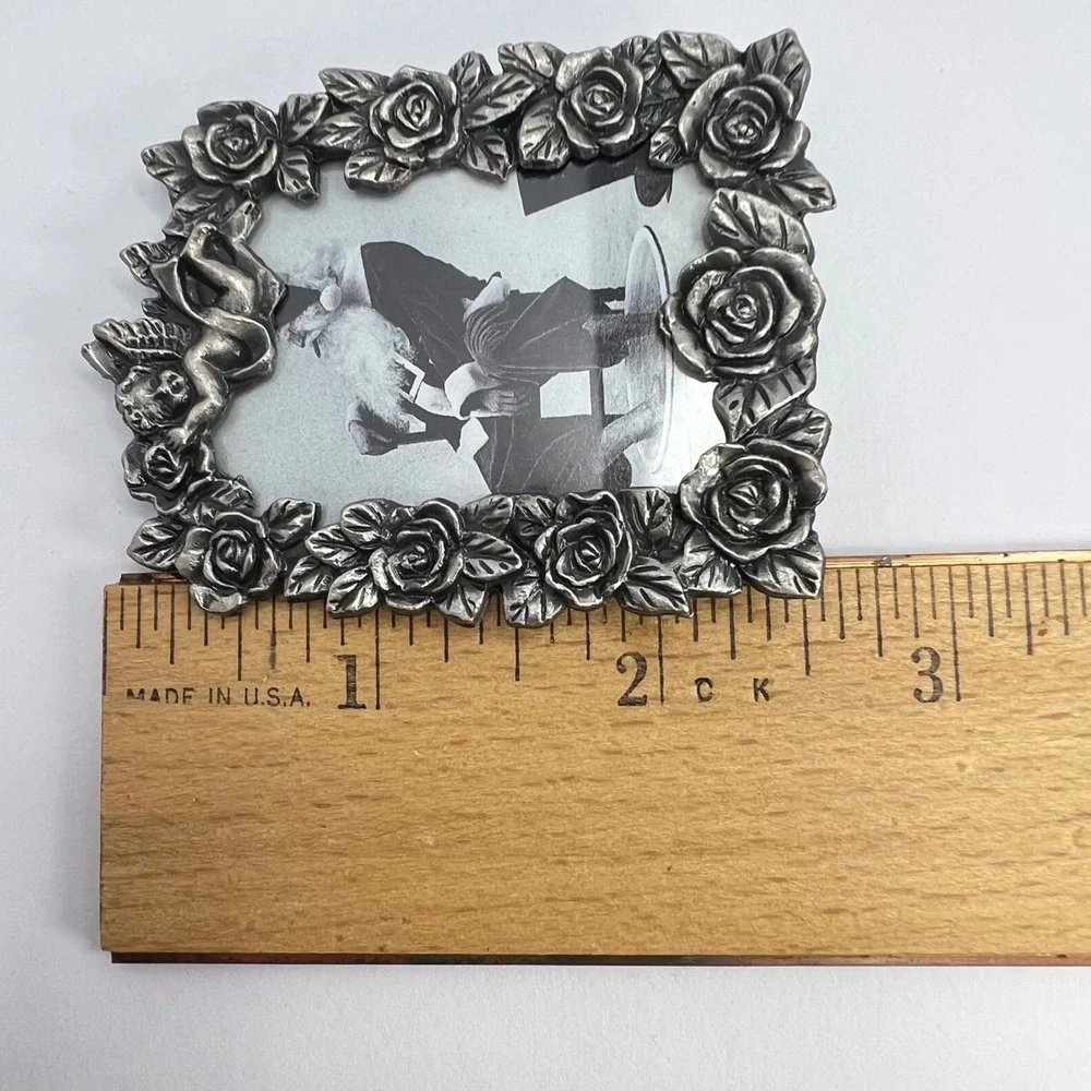 Vintage Mini Picture‎ Frame Silver Rose Cherub Small Pewter Tone Floral Decor